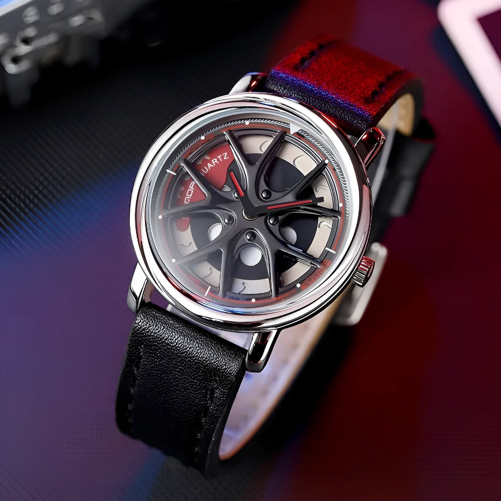 Men's creative sports belt watch with black strap and alloy case, 30m waterproof, quartz movement, front view.