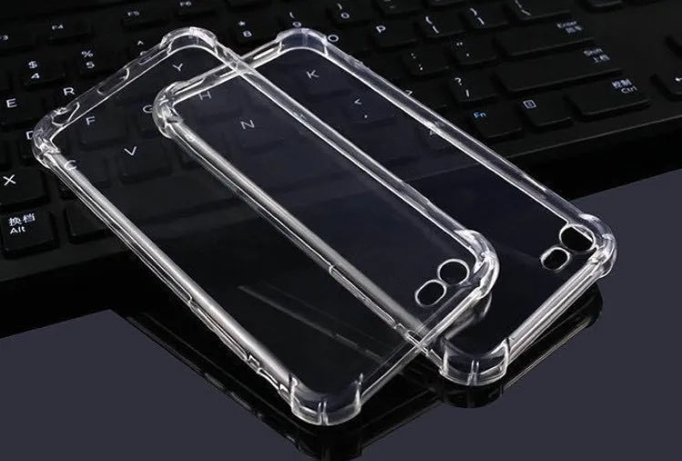 Transparent shockproof TPU case for iPhone on a table, showing clear design and back cover style.
