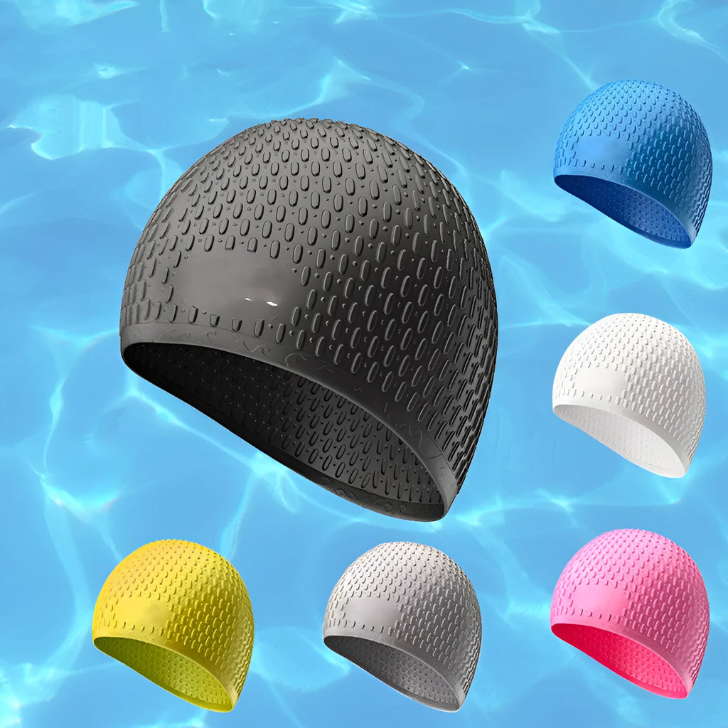 Silicone swimming cap with water drop texture in various solid colours for adults