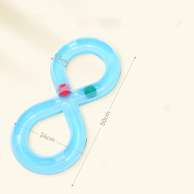 Blue and white cat track toy with turntable ball mechanism and teasing stick attachment
