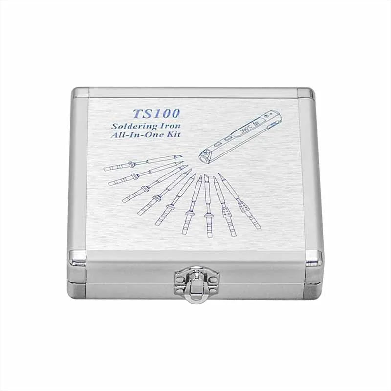 Silver aluminium soldering iron storage case with carrying handle showing compact dimensions