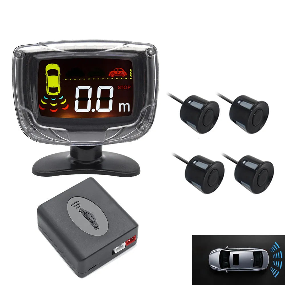 Wireless vehicle reversing sensor kit with 4 probes, control unit, and LED display with distance indicators