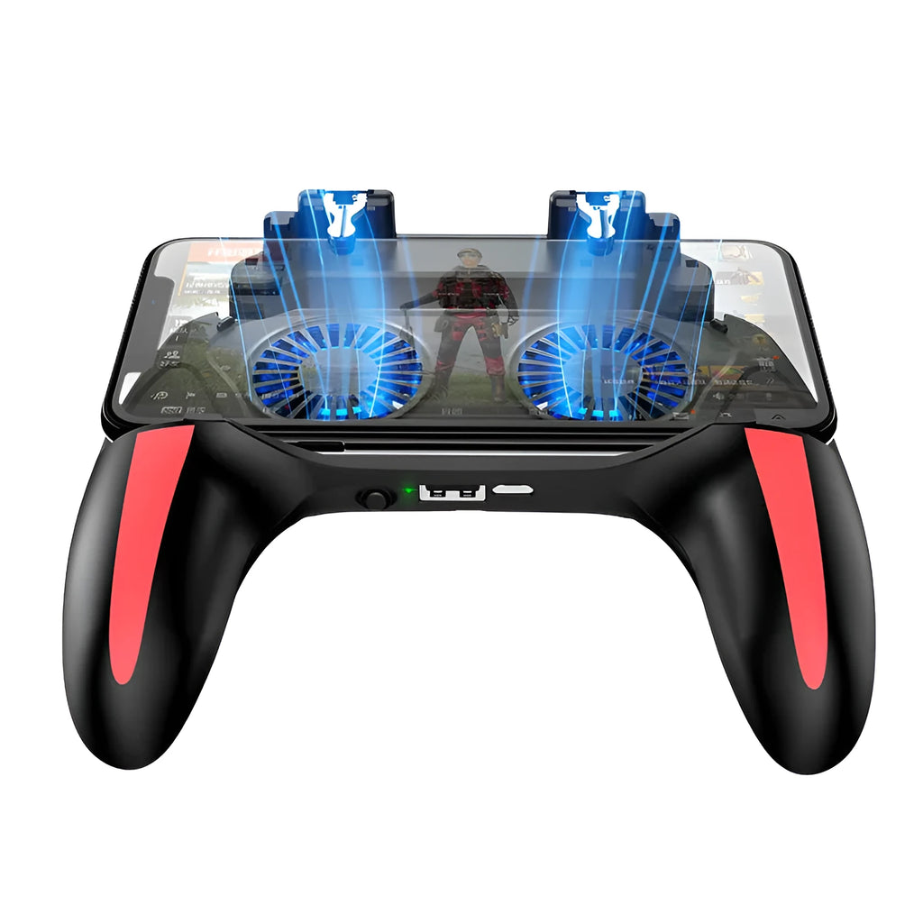 H10 mobile game cooling controller with touch screen and built-in power bank for phones.