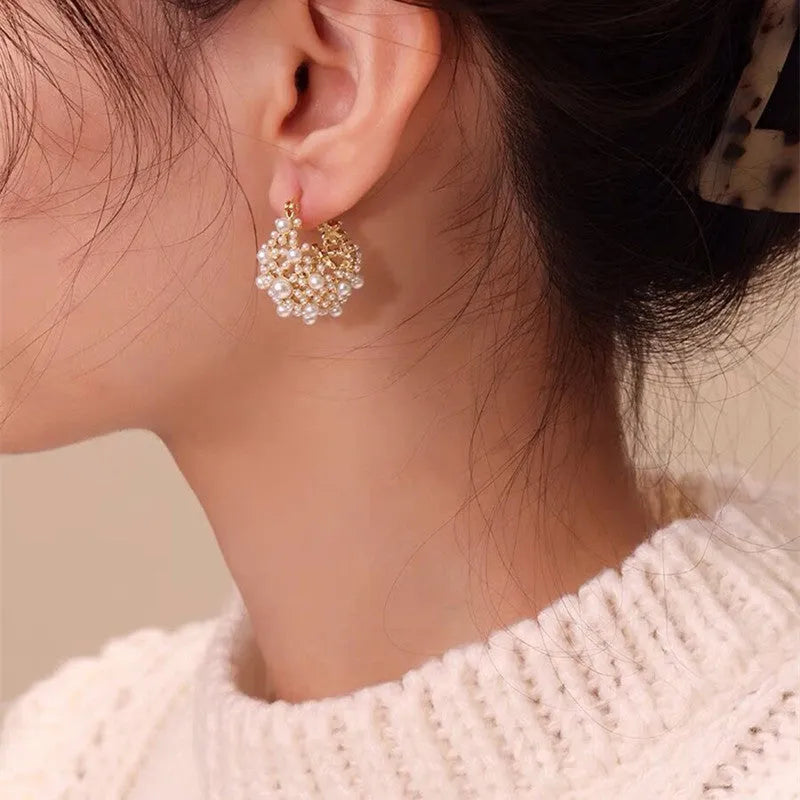 Gold flower basket earrings with pearl inlay and small rice-shaped beads for women