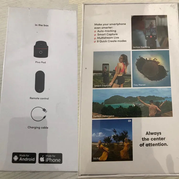 Black PIVO 360-degree rotating smartphone facial tracking camera mount on flat surface