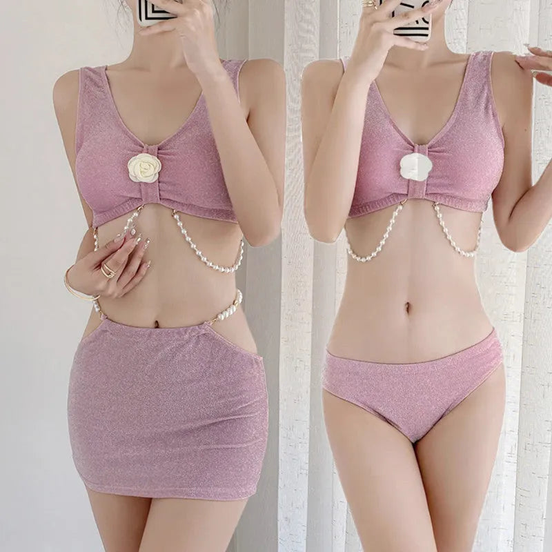 Women's three-piece polyester bikini set in pink or black for swimming sports