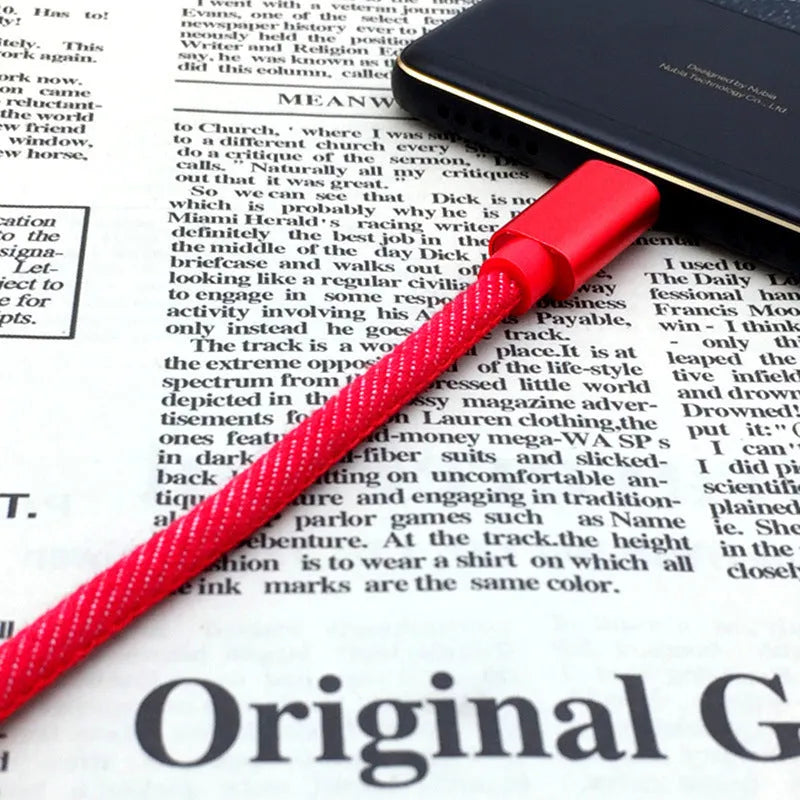 Denim braided USB Type-C charging cable with aluminium connectors in black, blue, or red.