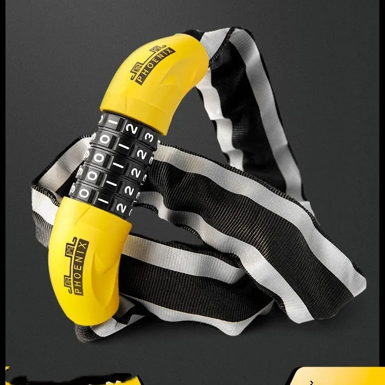 Black and yellow bicycle chain lock with 95cm length showing zinc alloy lock mechanism and steel links.