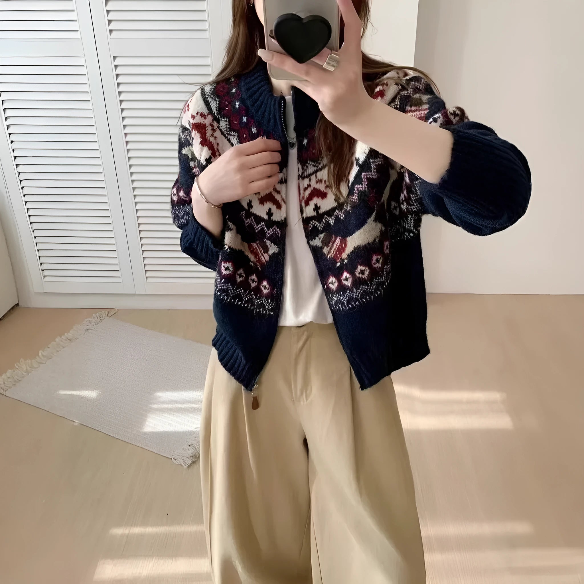 Ethnic style heavy industry jacquard pullover sweater with 3D pattern in apricot beige colour