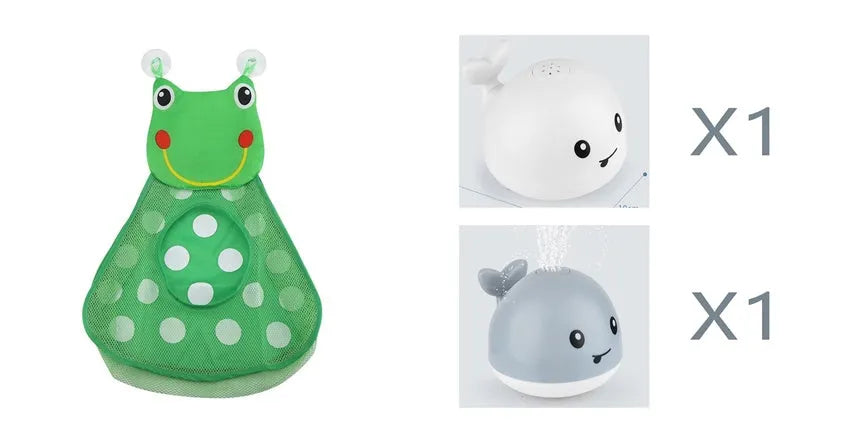 White and blue whale bath toy spraying water with LED lights illuminated