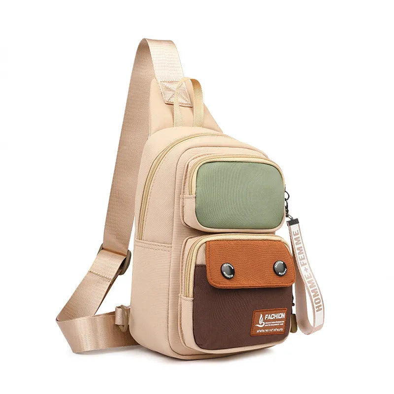 Nylon outdoor crossbody shoulder bag in beige contrast colour with letter pattern