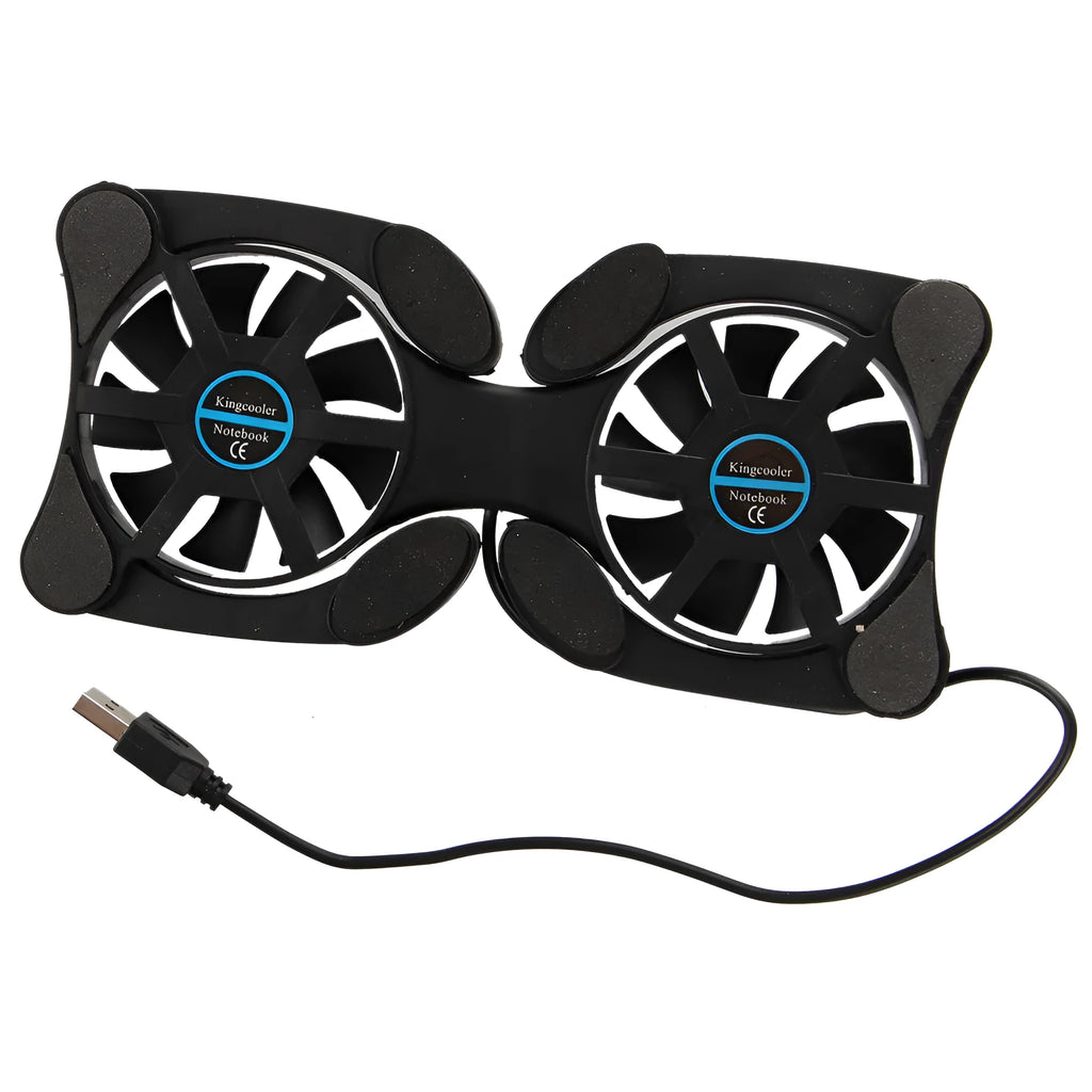 Portable folding laptop cooling stand with dual 70mm fans, black, open on desk with notebook