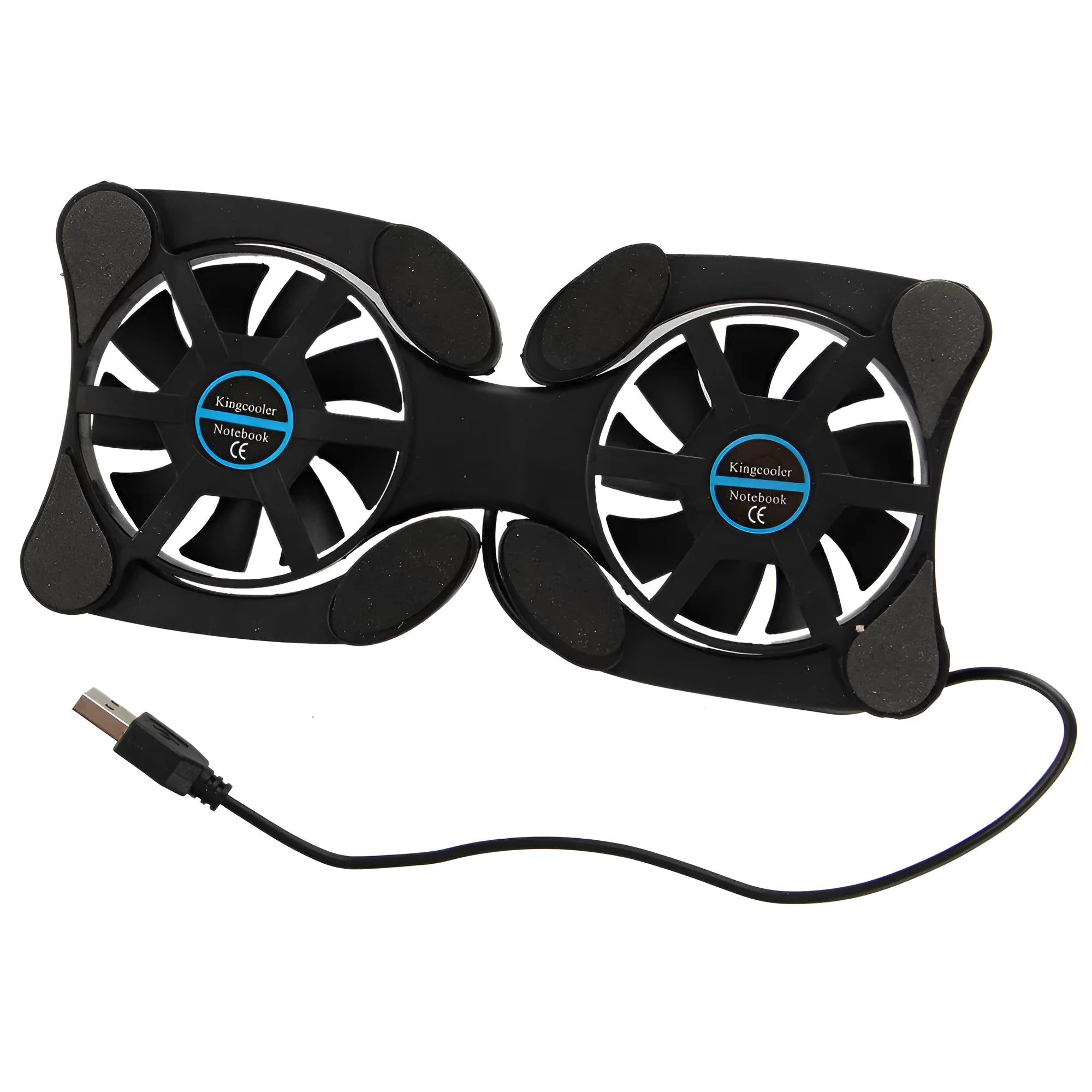 Portable folding laptop cooling stand with dual 70mm fans, black, open on desk with notebook