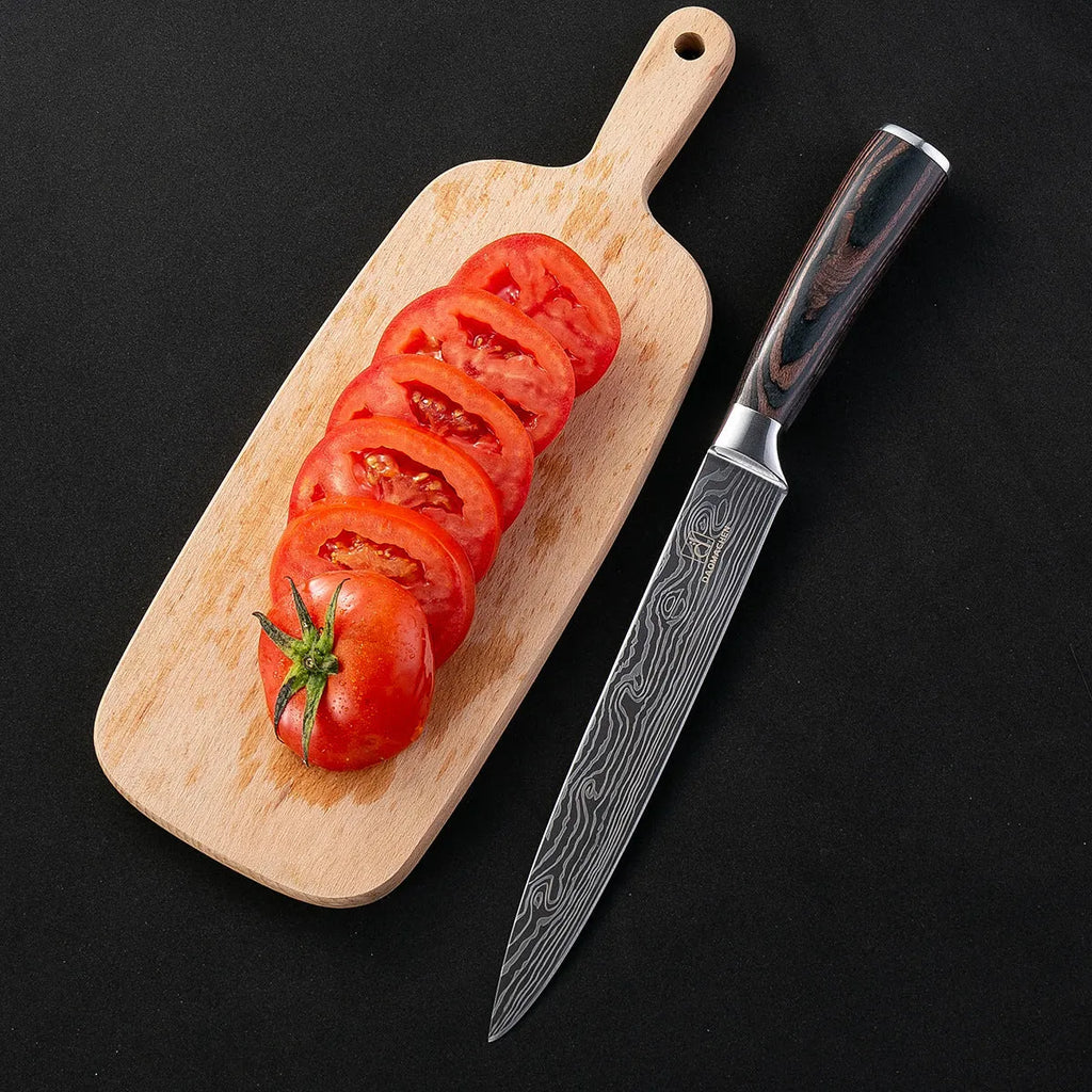 Chef knife with laser Damascus pattern on blade, steel handle, showing 30cm length.
