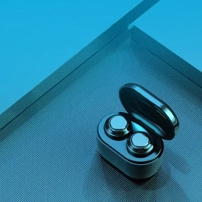 A black stereo Bluetooth headset with earbuds, showcasing its wireless design.