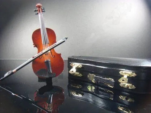8cm handmade basswood mini violin ornament with bow, stand, and wooden box for photography and display