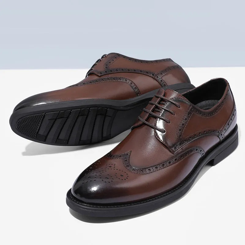 Men's black and brown brogue leather shoes for business wear with traditional detailing