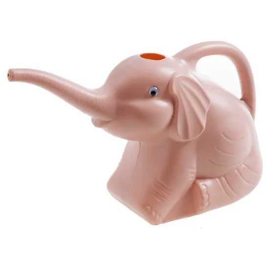 Pink elephant-shaped watering can with long nozzle and child-friendly handle for garden watering