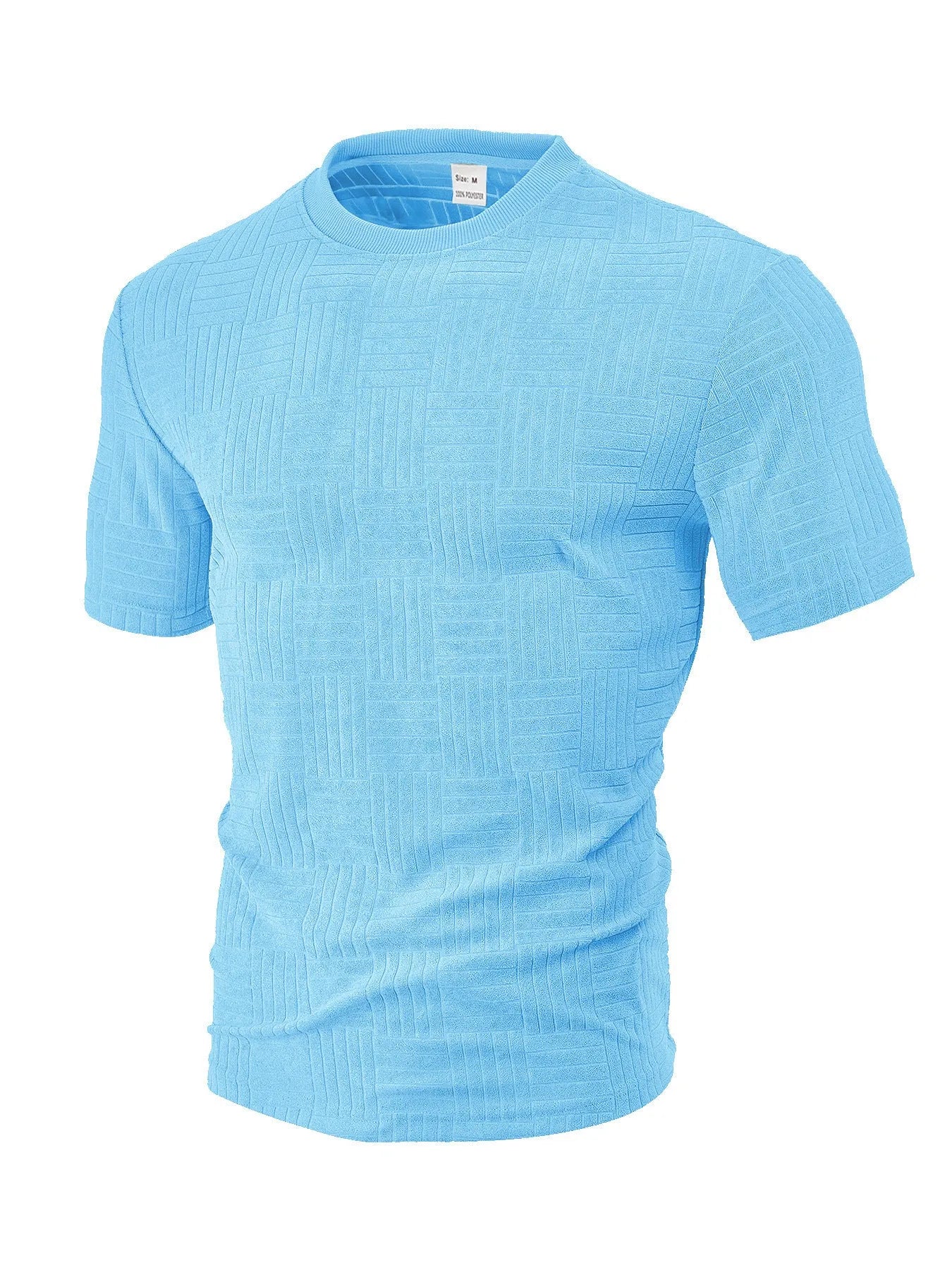 Casual loose breathable round neck towel jacquard short sleeve top in light blue, front view