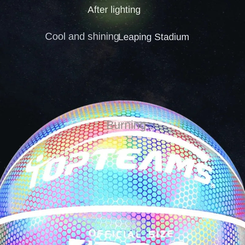 No. 7 size basketball with a holographic, luminous, and reflective patterned surface.