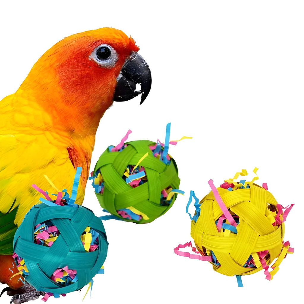 Three natural bamboo woven foraging toy balls 6cm diameter for small pets and birds