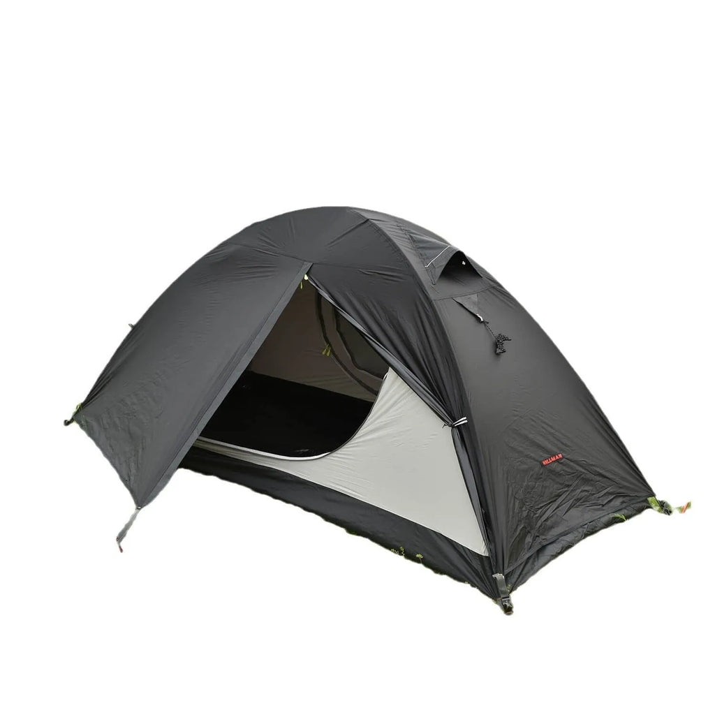 Single person camping tent with aluminium poles in black colour showing double-layer construction