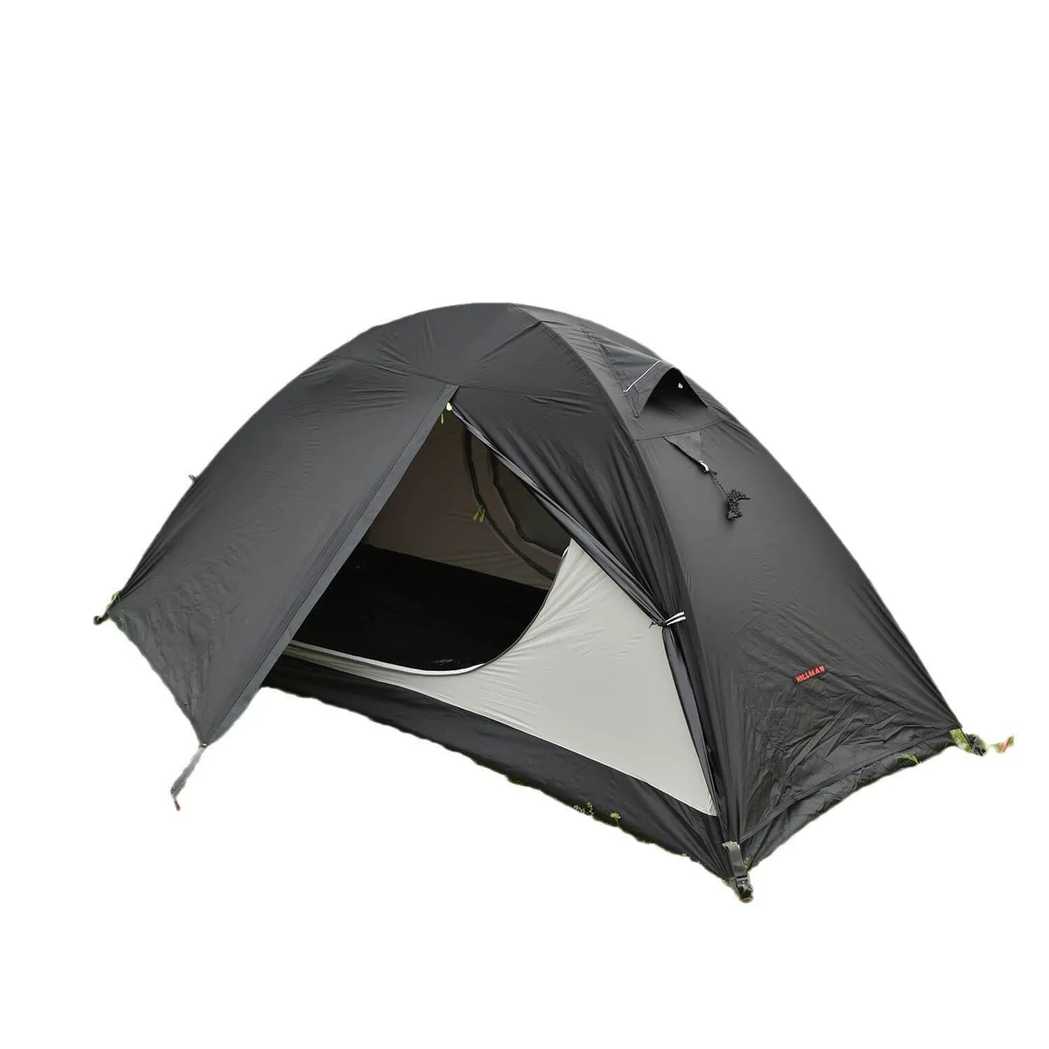 Single person camping tent with aluminium poles in black colour showing double-layer construction