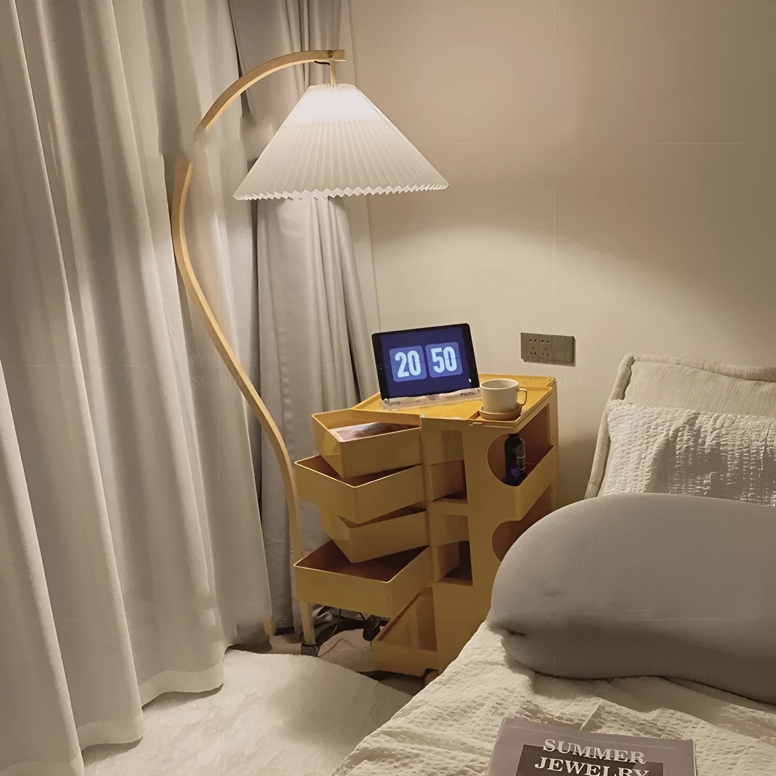 Retro vertical table lamp with fabric shade in floor-standing design for sofa edge placement