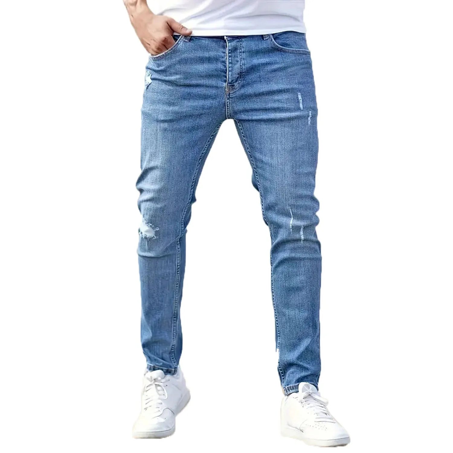 American-style slim-fit stretch denim jeans for men – mid waist, non-iron, available in black