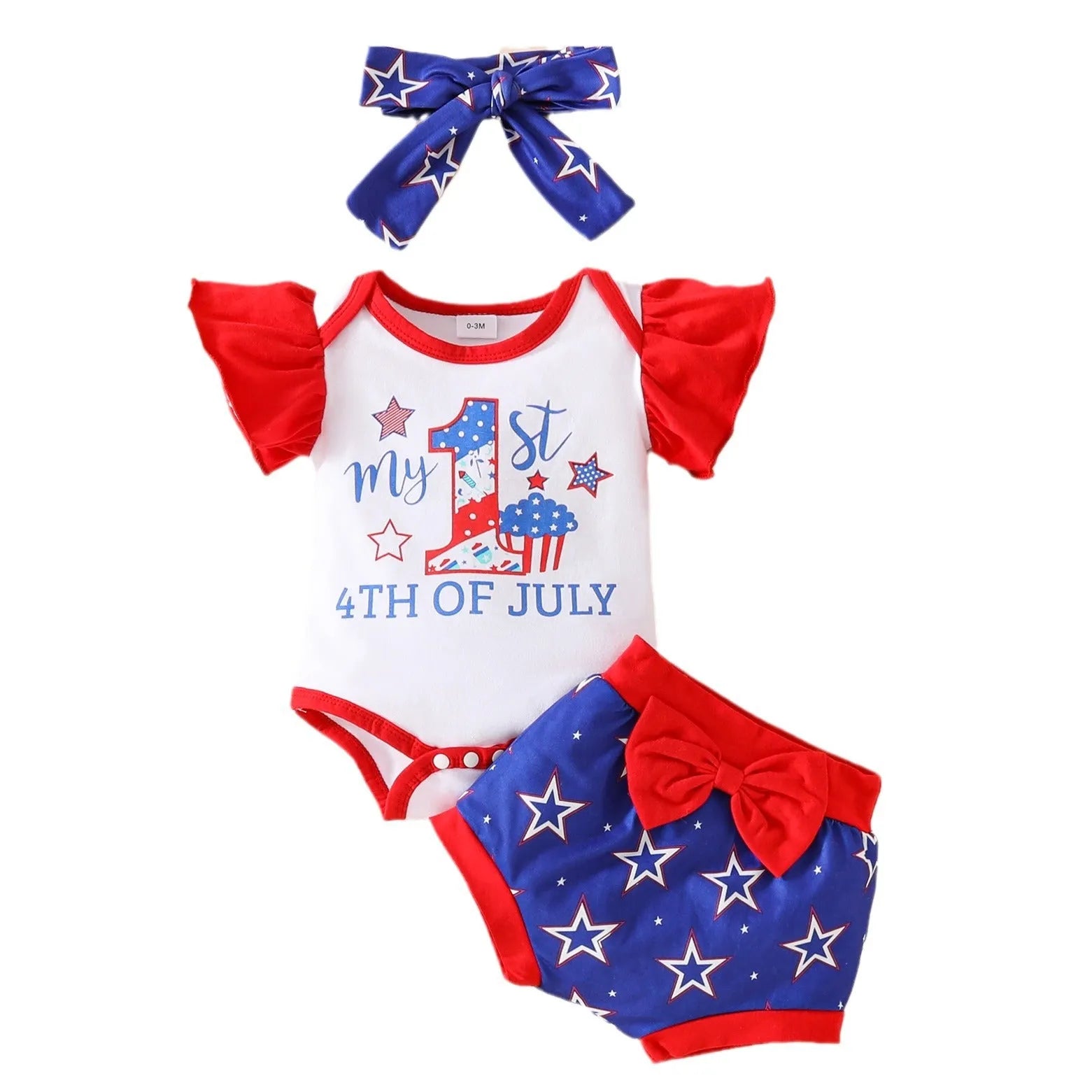 Baby sleeveless shorts suit three-piece set in blue and red, knitted polyester, with matching headscarf for infants 0-18 months
