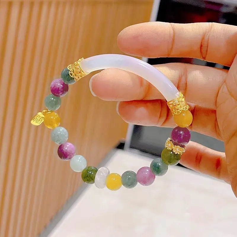 Rainbow-coloured tourmaline half bracelet for women with electroplated finish