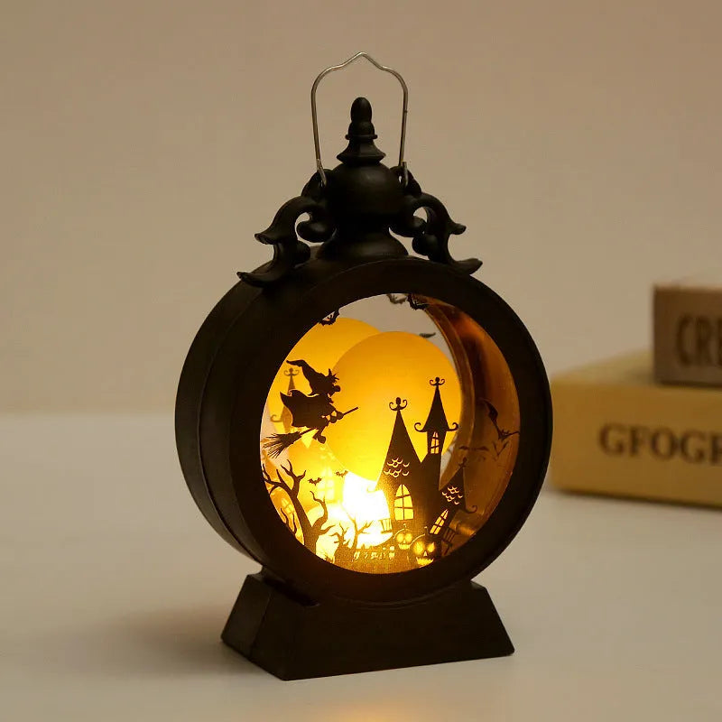 Halloween retro candle portable storm lantern with hook, 9.5x15cm, three light colour options Castle Pumpkin Witch
