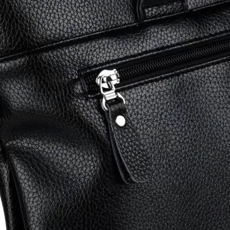 Men's black and brown PU leather messenger bag with shoulder strap measuring 35x30x4cm