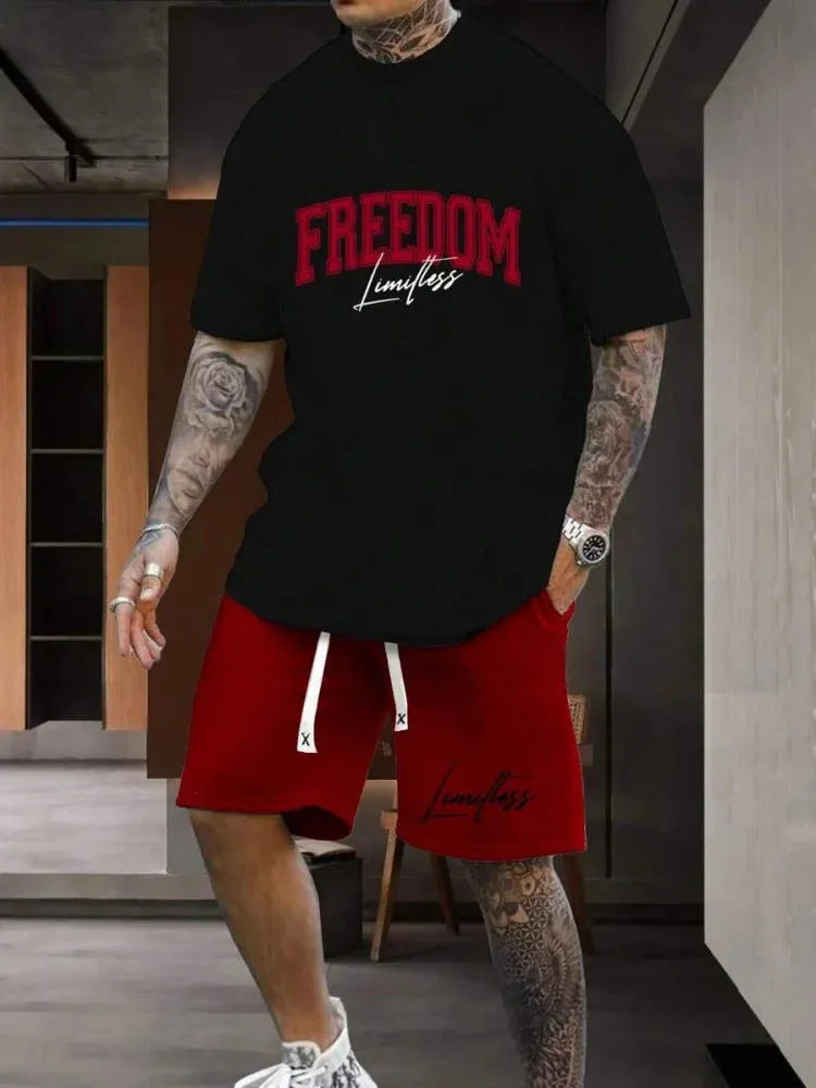 Men's grey 3D printed letter design short sleeve top and shorts two-piece suit set on a hanger.