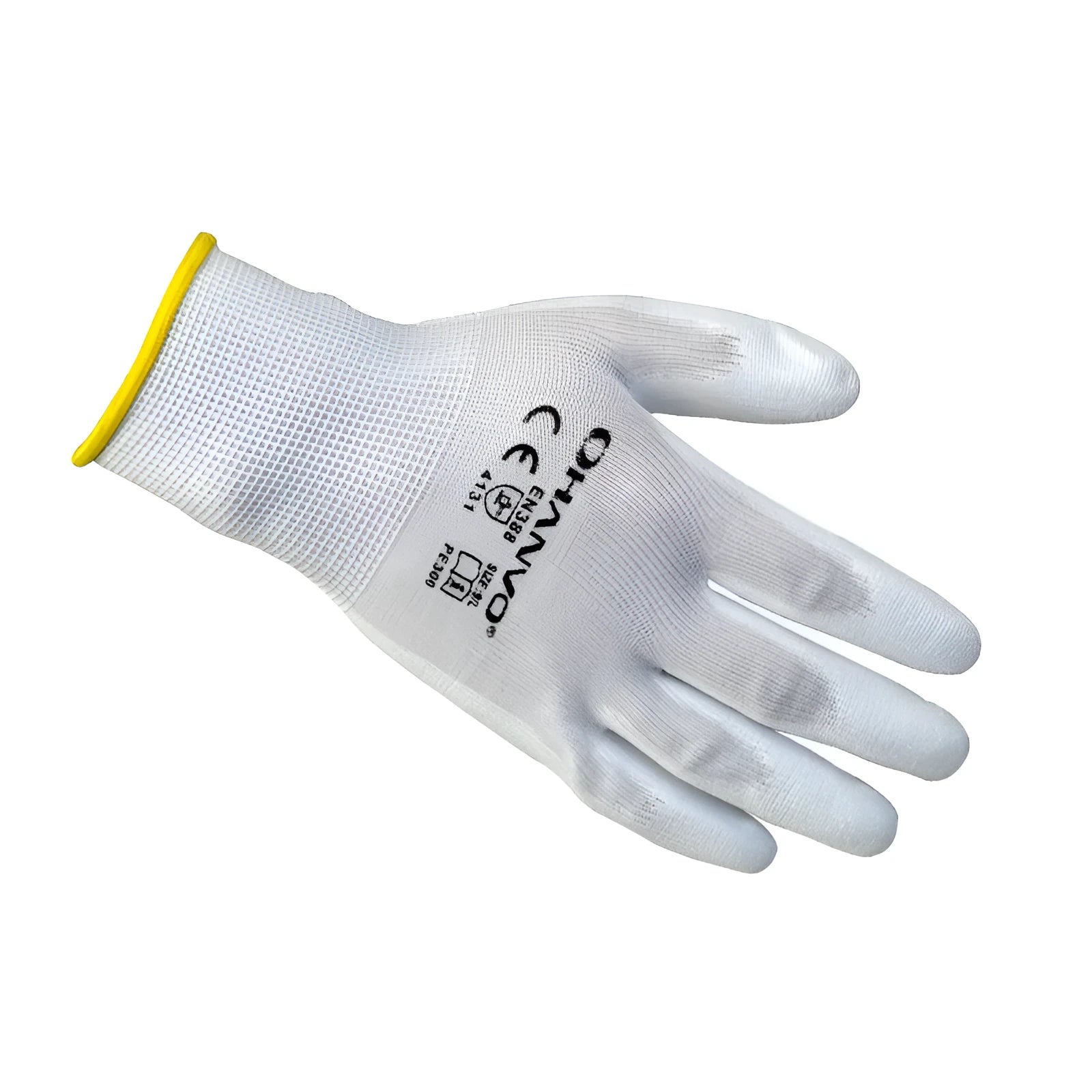 White PU coated labour gloves showing palm coating and 24cm length