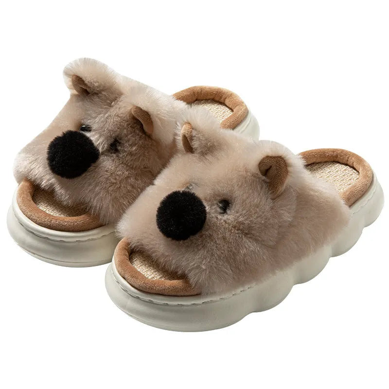 Women's indoor slippers in pink with thick EVA sole, linen fabric upper, and cartoon animal print