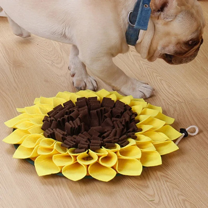 Yellow sunflower-shaped dog snuffle mat measuring 37.5cm with rope and buckle anti-slip design