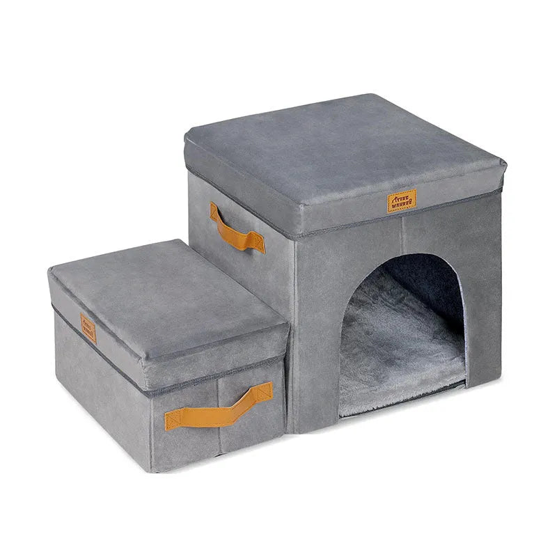 Grey foldable cloth pet storage stairs with dog climbing up 2-step Velcro design