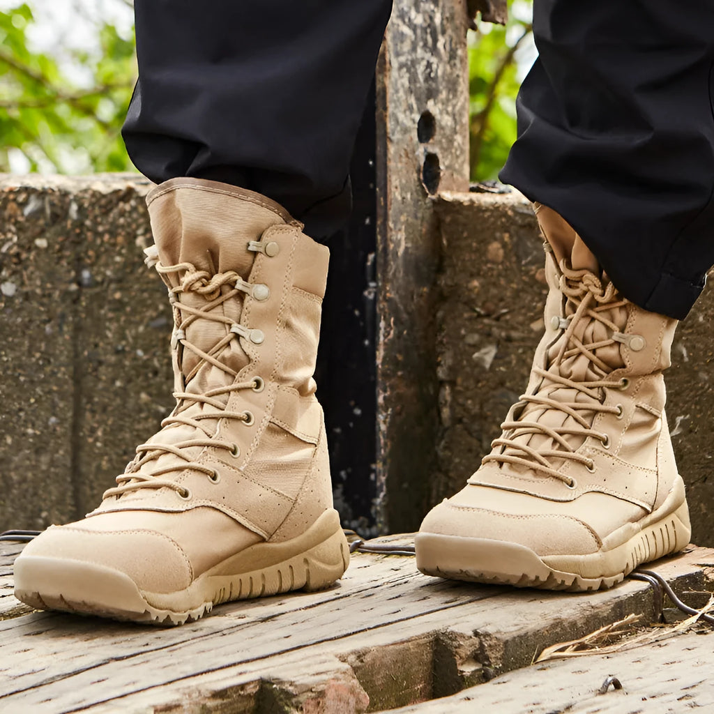 Yulong summer combat boots in black and sand colours, shown as outdoor climbing and tactical footwear.