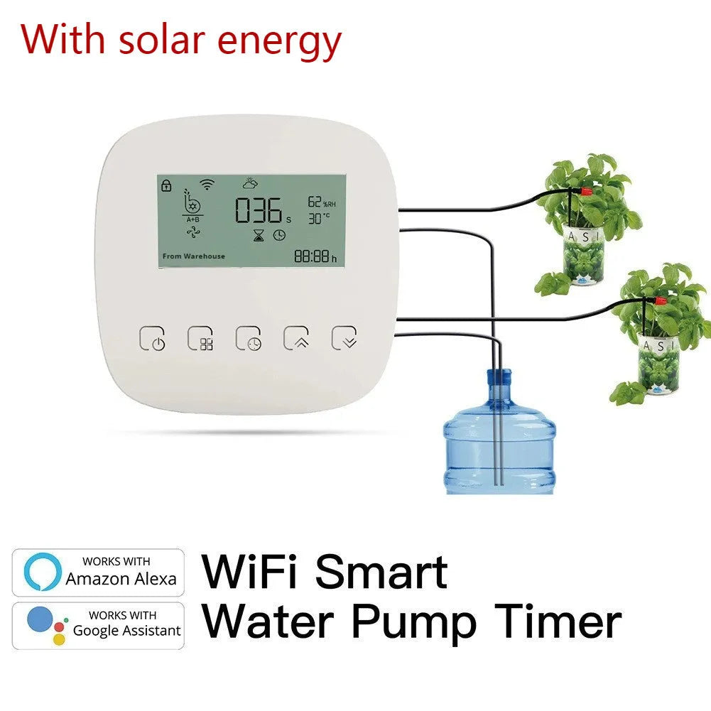 Graffiti smart home rechargeable sprinkler timer with WiFi timing, solar panel, and USB charging