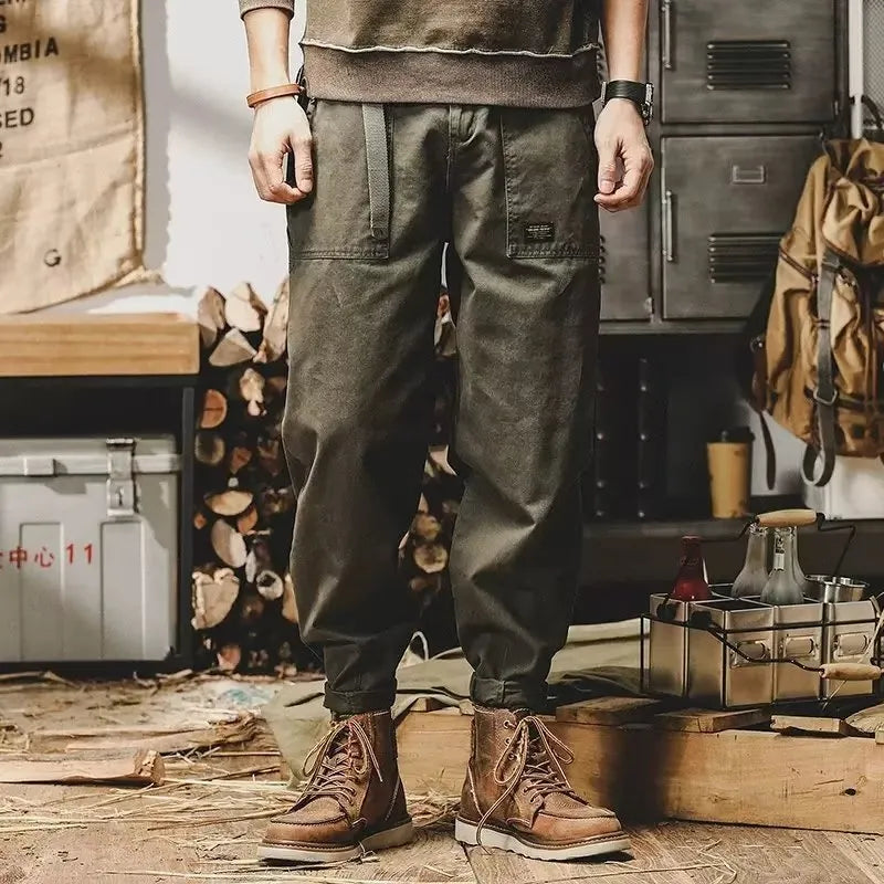 American retro lumberjack ankle banded pants in khaki, straight-leg drawstring style for men