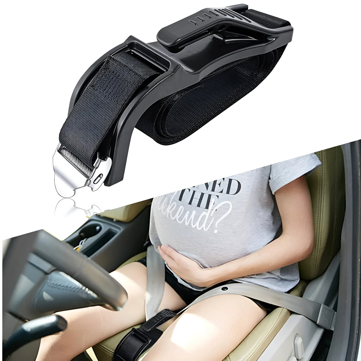 Black pregnancy safety belt with anti-strangulation design and metal buckle on adjustable ABS polyester strap