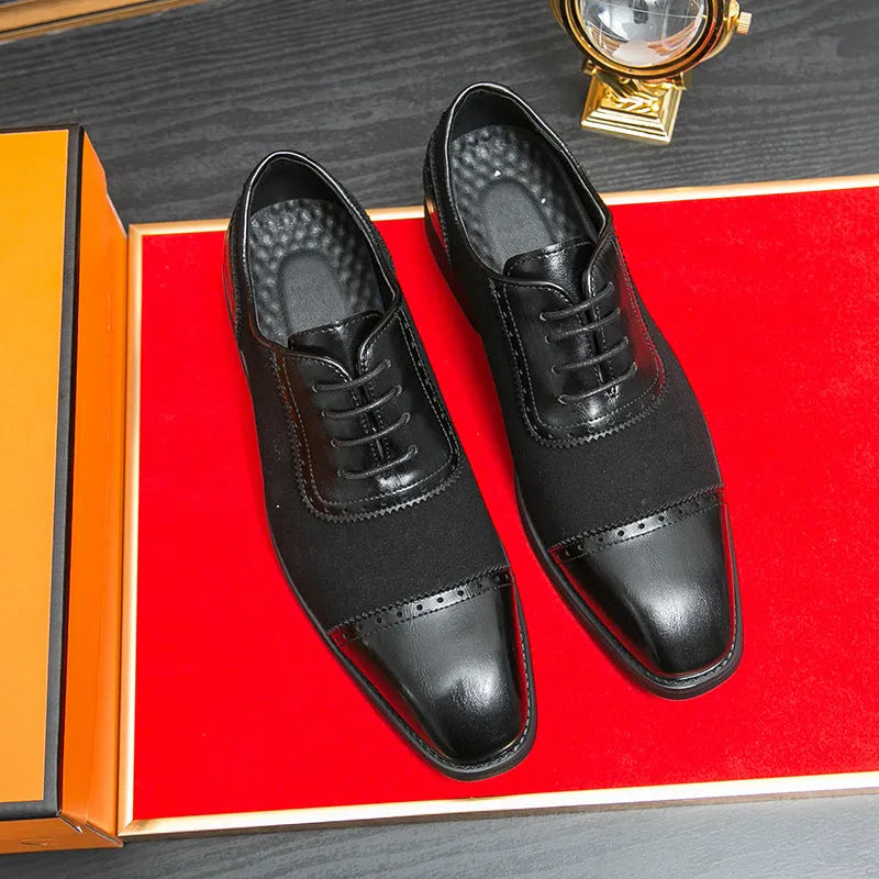 Men's thick-soled raised round toe lace-up business leather shoes in black with PU upper and rubber sole