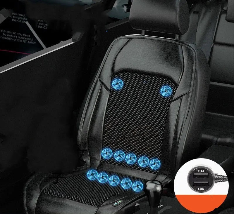 Black ventilated car seat cushion with multiple cooling fans, connected to a 12V car plug.