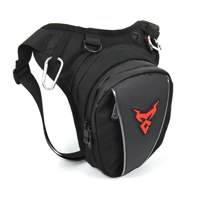0105MC motorcycle leg bag in 1200D Oxford cloth, shown in red, blue, green, and grey colour options.