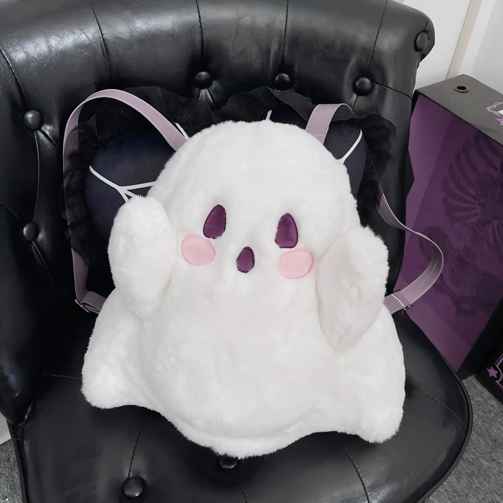 Cute ghost cartoon backpack in milky white plush with double straps and sandwich pocket