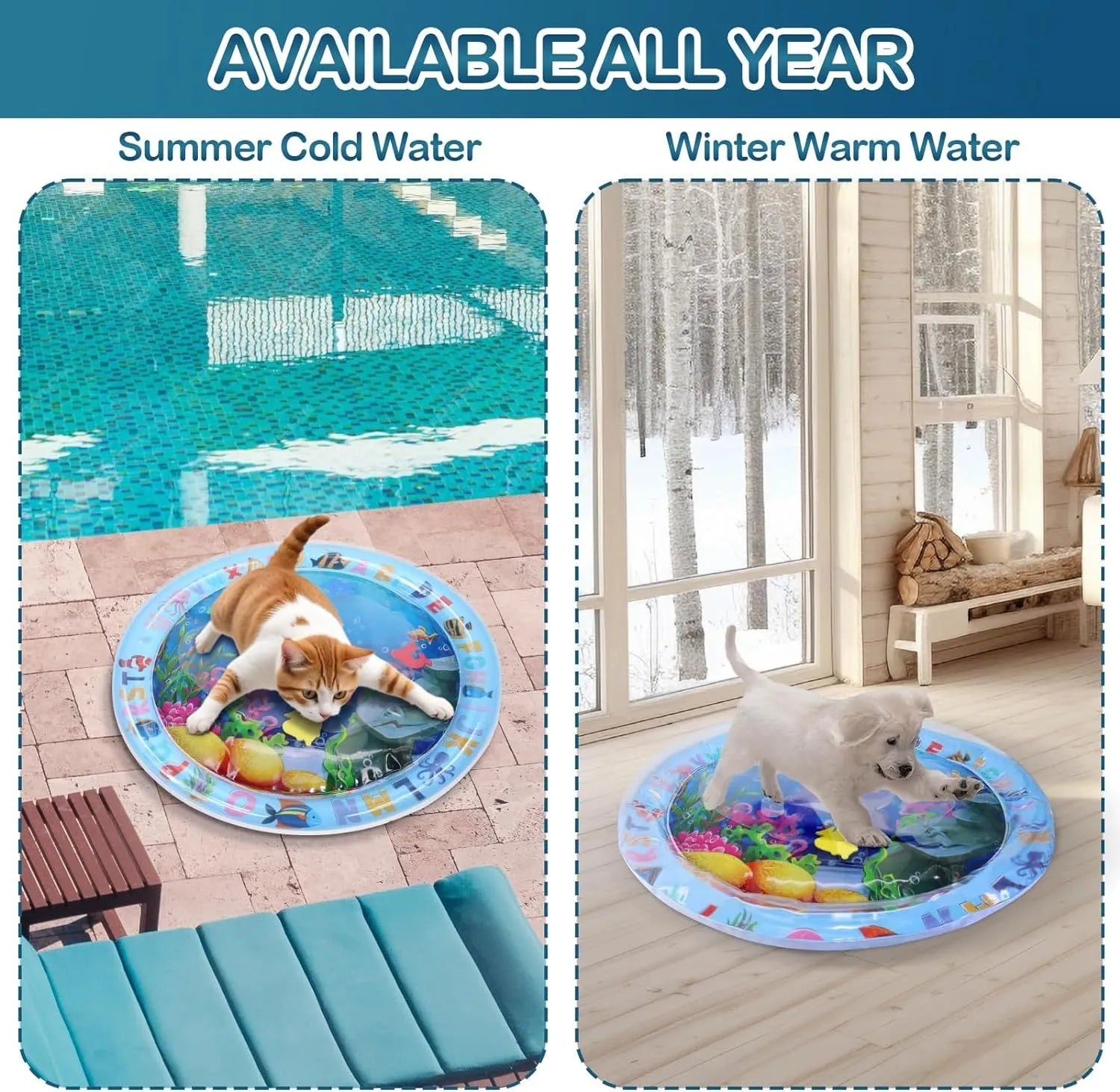 100cm square water sensory playmat for cats with ocean fish design and floating toys inside