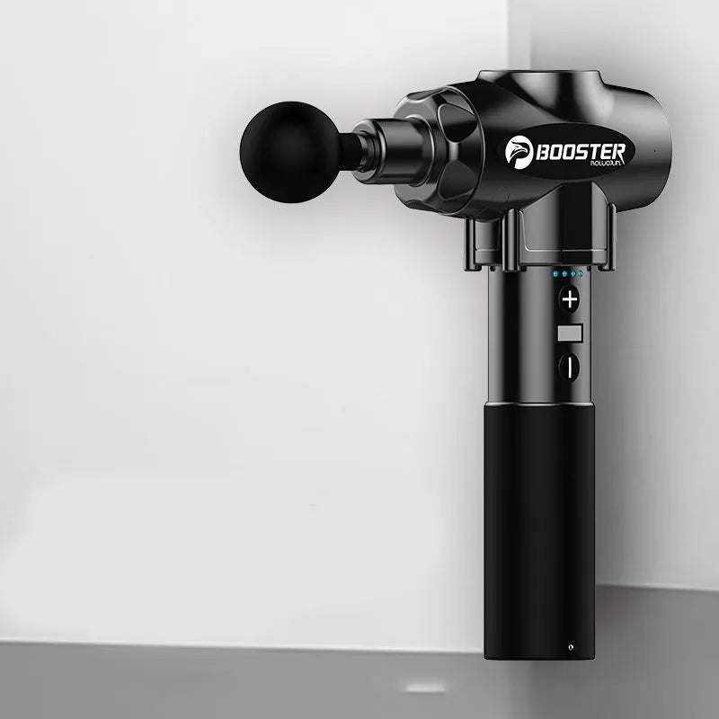 Black and white muscle massage gun with a 12mm stroke on a grey background