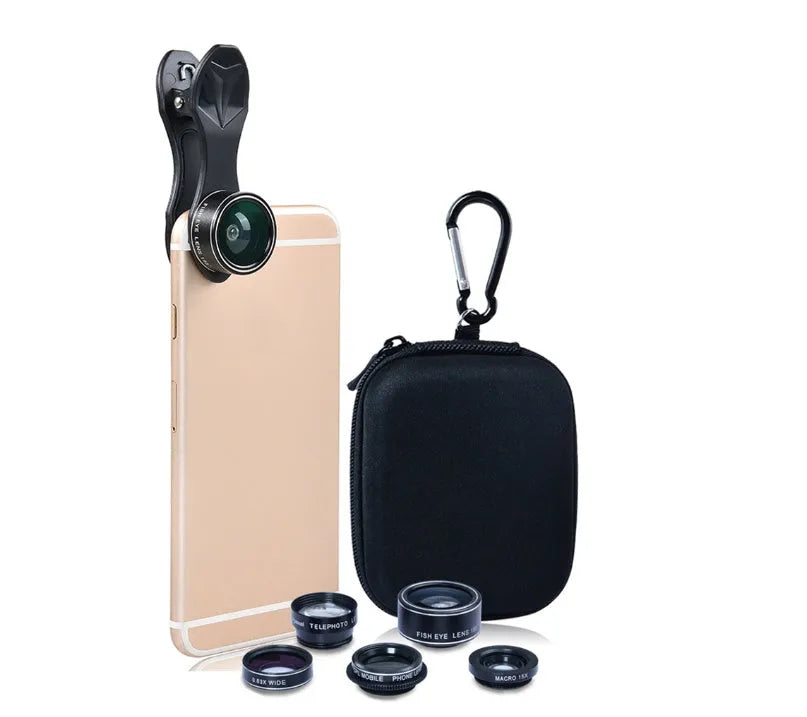 Universal 5-in-1 clip-on phone lens kit with wide angle macro fisheye telephoto and CPL lenses in black