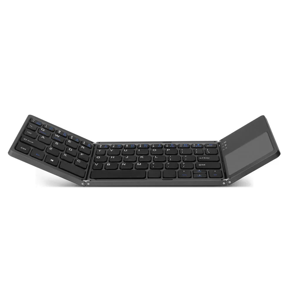 Tri-fold folding Bluetooth keyboard shown both open and closed, with integrated touchpad